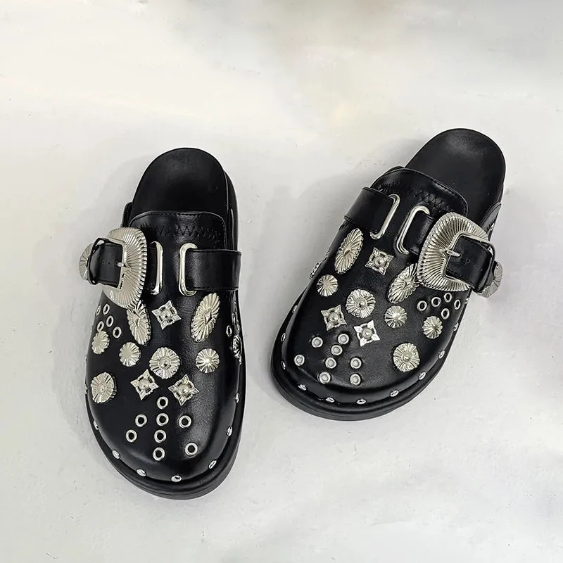 

2023 Summer Women Slippers Platform Rivets Punk Rock Leather Mules Creative Metal Fittings Casual Party Shoes Female Outdoor