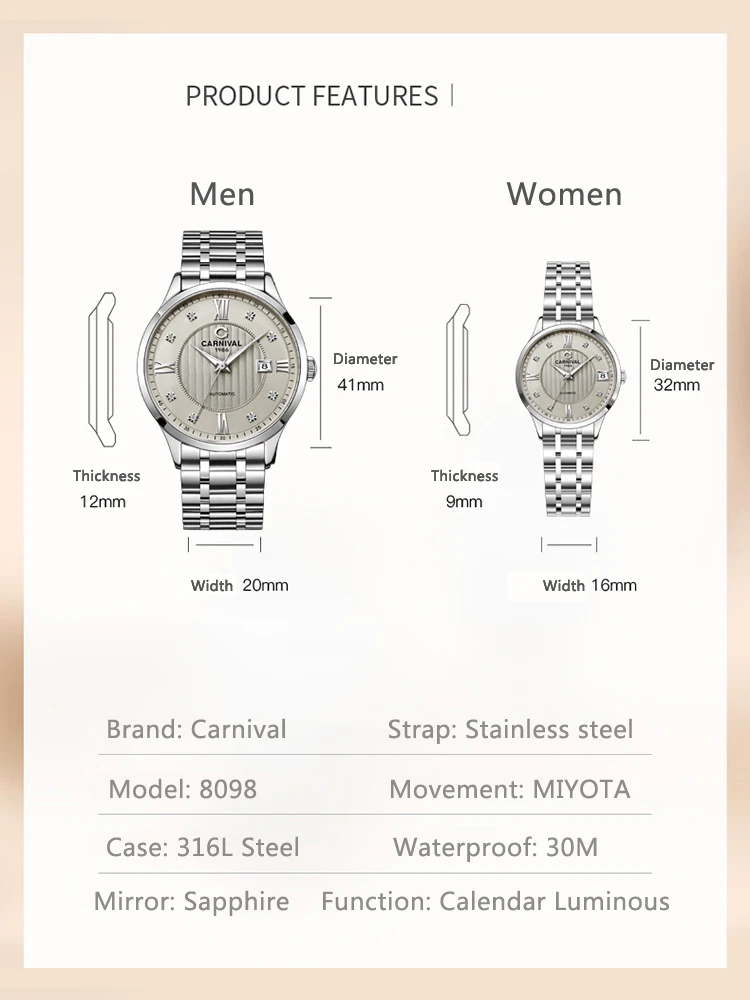 Carnival Watch for Men Business Automatic Stainless Steel Waterproof Luminous Date Luxury Casual Women MIYOTA Mechanical Watch