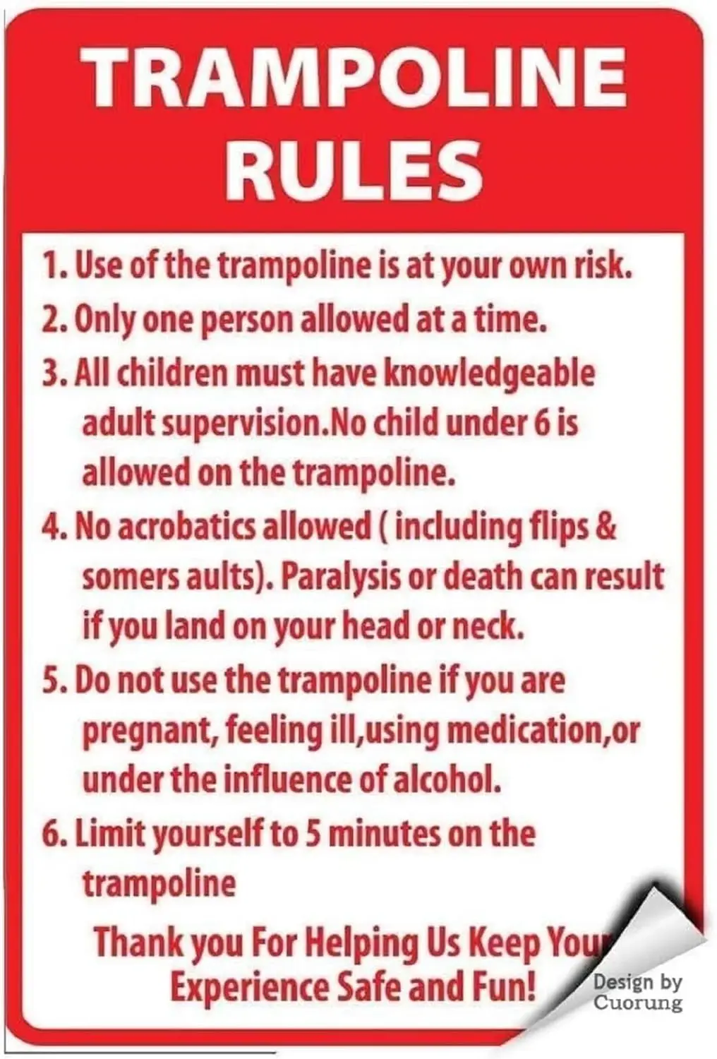 Mn Cve Decor Wrnng Sgn Trmpolne Rules ctvty Prk Sgns Rod Bness 18x12 nches Trffc Tn Pntng Wll