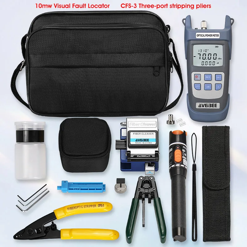 19pcs/set FTTH Fiber Optic Tool Kit with Fiber Cleaver -70~+10dBm Optical Power Meter Visual Fault Locator 10mw