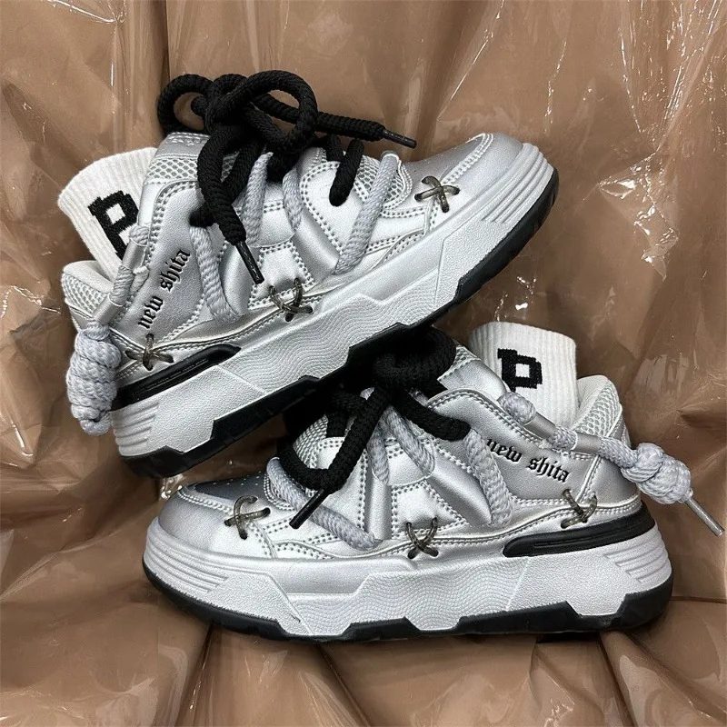 SHANPA винтажная Серебристая женская спортивная обувь на платформе в гонконгском стиле студенческие повседневные кроссовки осенне-зимняя удобная обувь