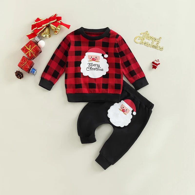 

Christmas Baby's Clothes Girls Boy Clothes Outfit Santa Print Long Sleeve Plaid Sweatshirt Tops and Stretch Casual Pants Set