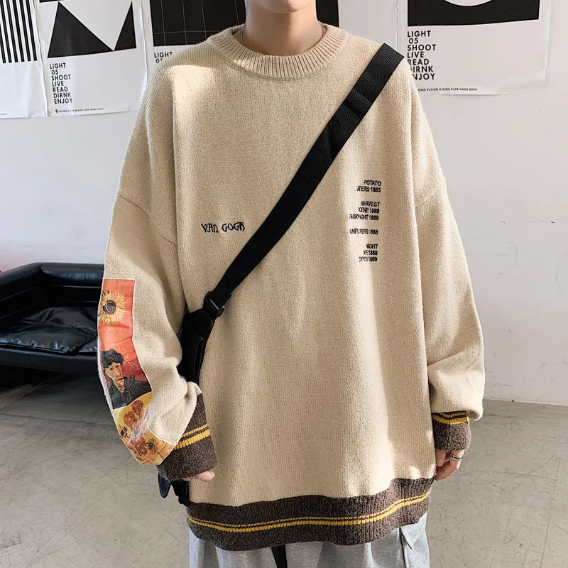 

Van Gogh Sleeve Patchwork Pullover Knit Sweater Mens Clothes Korean Fashion Embroidery Crewneck Knitted Sweaters Streetwear Tops