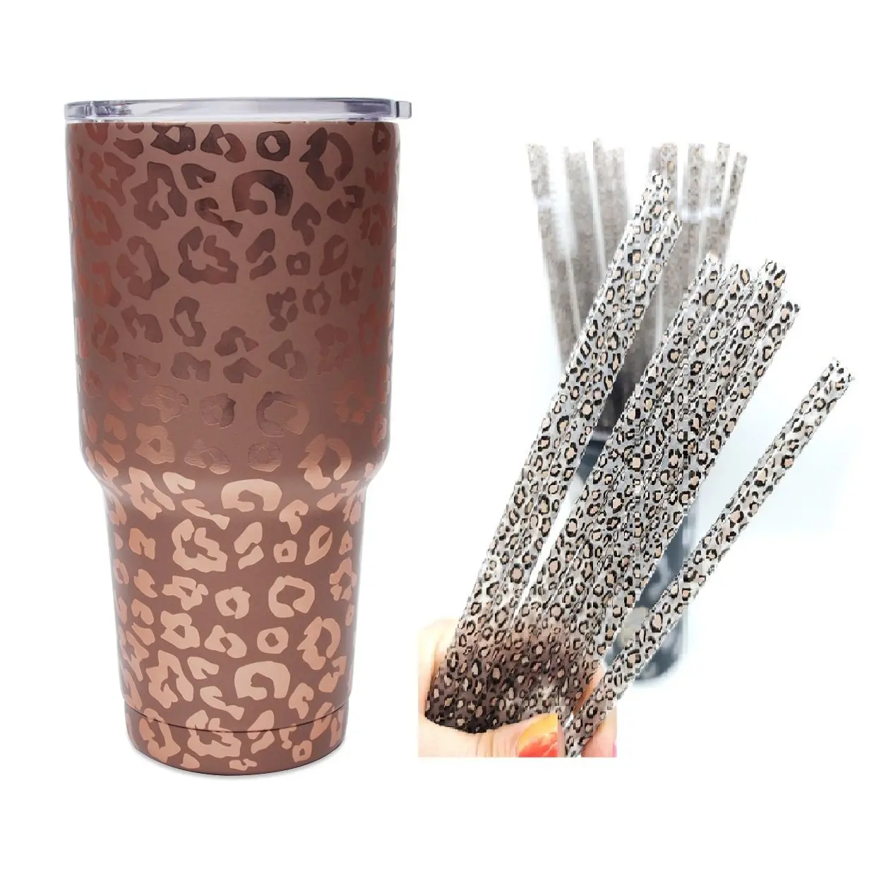 

30OZ Gold Leopard Stainless Steel Tumbler With 50pcs Straws Leopard Plastic Recycle Cheetah Animal Print Drink Water Cups Mugs