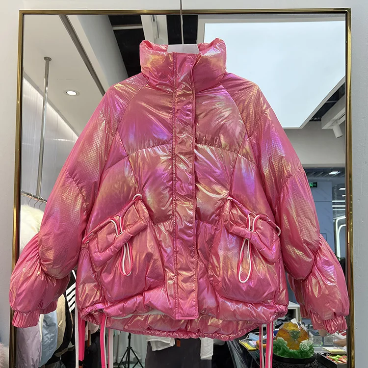 

2022 Women's Short Down Jacket Winter New Fashion Korean Stand Collar Pocket Drawstring Warm Slim Long Sleeve Coat F436