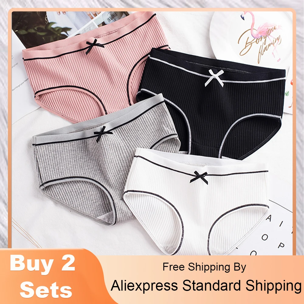 3PCS Pure Cotton Seamless Panties Women Breathable Bow Decor Underwear Female Mid Waist Underpants For Girls Sexy Cute Lingerie