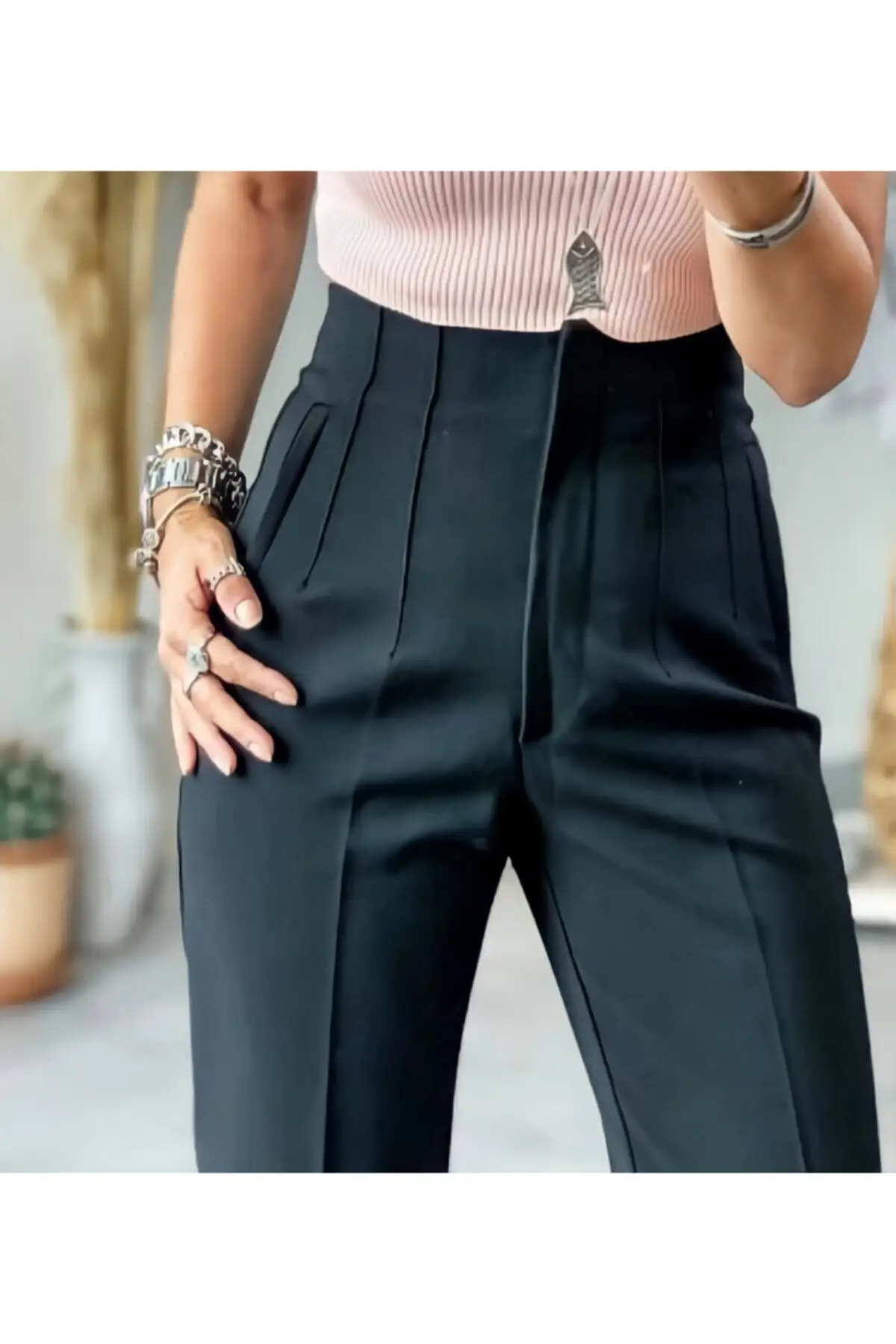Women's Black High Waist Slim Pensli Pants (Woven)