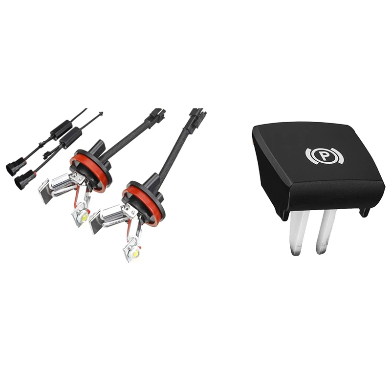 

3 Pcs Car Accessories: 2 Pcs Car LED Angel Eye Light H8 Light Bulb & 1 Pcs Car Parking Hand Brake P Button Switch Cover