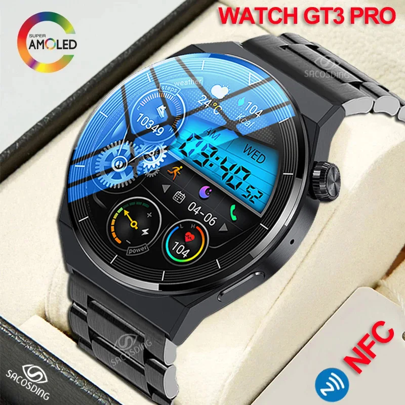 2023 NFC Smart Watch Men AMOLED 390*390 HD Screen GT3 Pro Watch Bluetooth Call Local Music Men Smartwatch For Huawei Xiaomi+Box