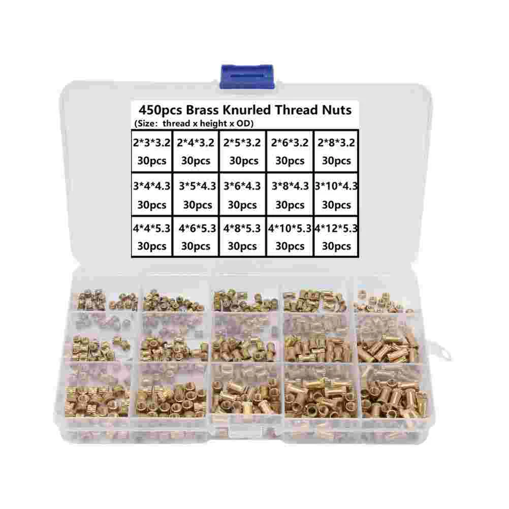 

450Pcs M2- Brass Knurled Nut Round Nut Classification Kit Fastener Set (Golden)