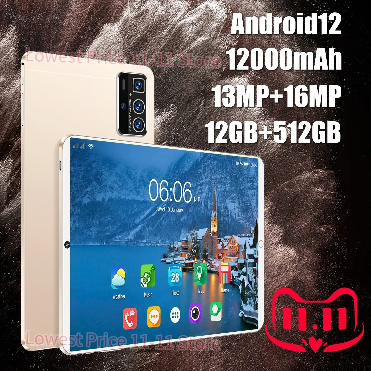 

Android 12 Tablet PC 10.1 Inch IPS Display Screen Pro 14 RAM-12G/ROM-512G 13MP+16MP GPS+FM+WiFi+BT Support Keyboard Double Card