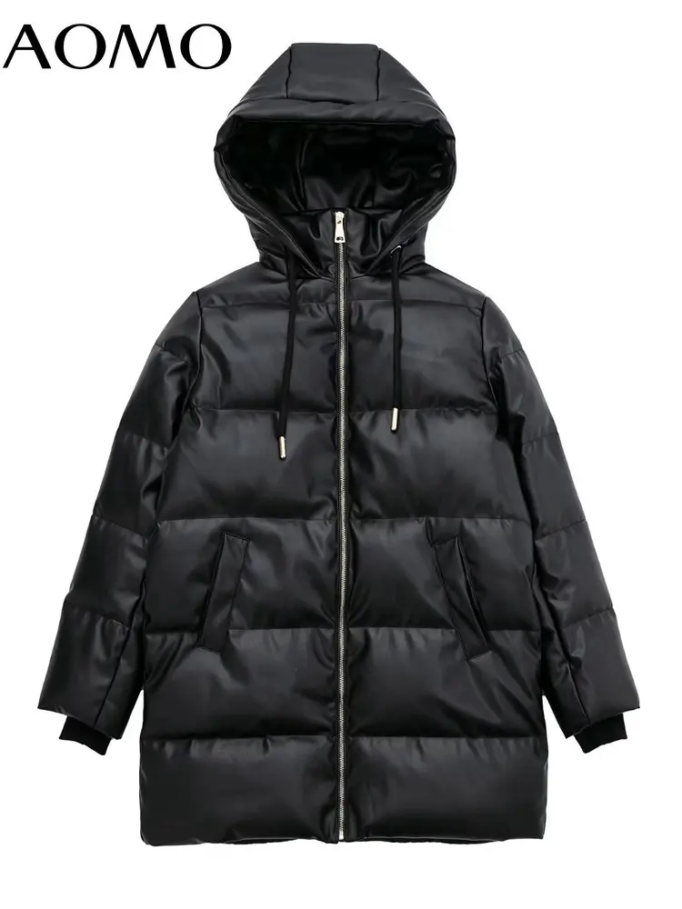 AOMO Women Black Faux Leather Oversize Hood Parkas Zipper 2022 Winter Long Sleeve Female Warm Long Coat JE181A