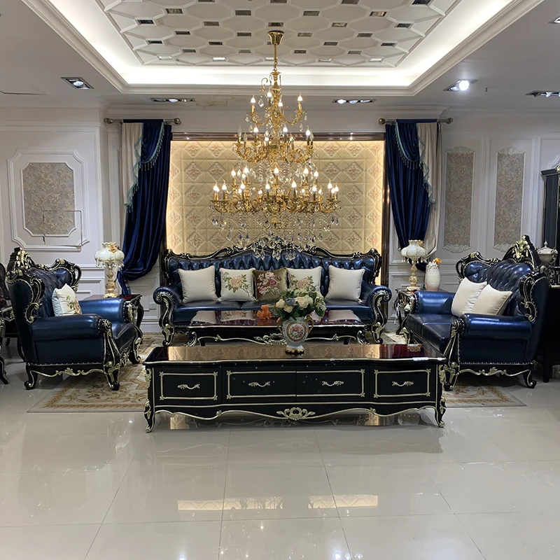 

European style leather sofa combination living room integral solid wood head leather large family villa sofa
