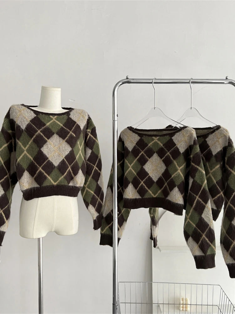 

Женский трикотажный свитер с ромбовидным узором, короткий пуловер контрастных цветов с круглым вырезом в стиле Харадзюку, Осень-зима 2022