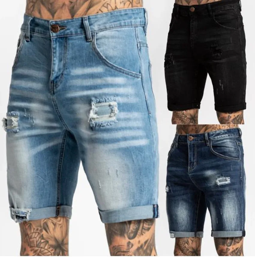 Hole Ripped Slim Short Jeans Men High Waist Solid Color Denim Shorts Retro Blue Washed Street Knee-length Male Pants