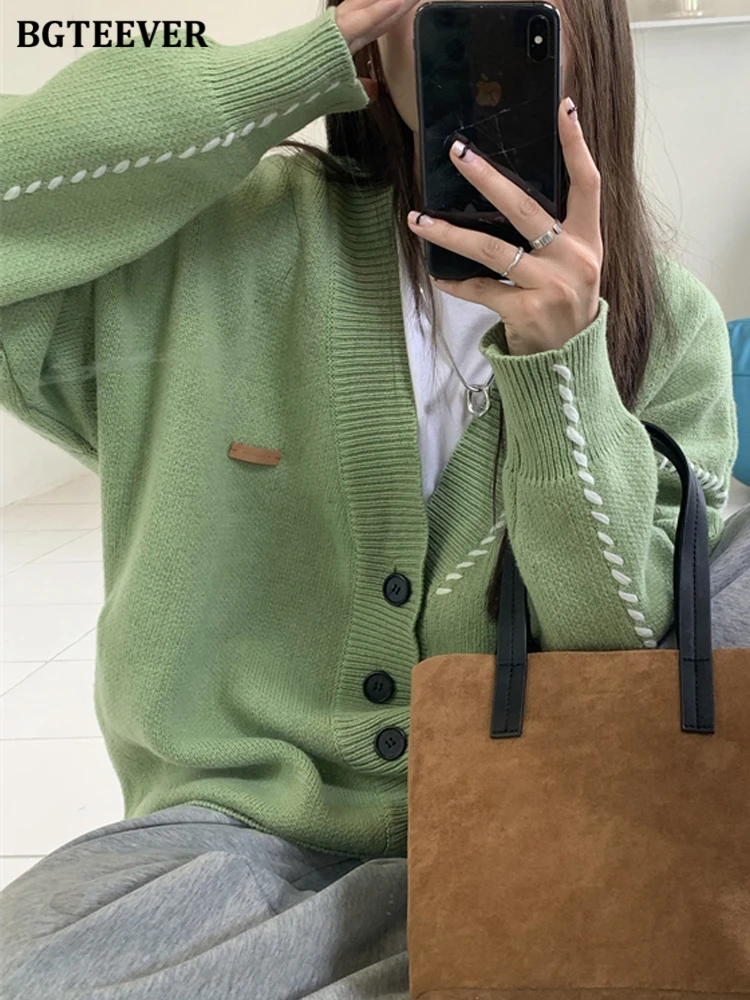 

Осенне-зимние теплые свободные женские однобортные свитера BGTEEVER с открытым стежком, винтажные женские вязаные кардиганы с длинным рукавом ...
