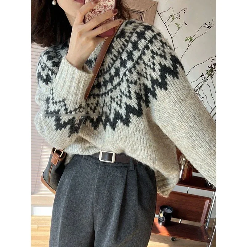 2024 Новинка! Женский короткий свитер в стиле ретро Fair Isle с мягким геометрическим