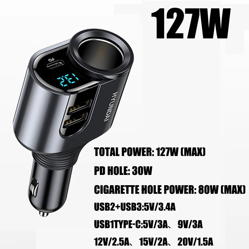 

Автомобильный прикуриватель, разветвитель, зарядное устройство PD QC3.0, быстрое зарядное устройство, двойной USB 4,8A, адаптер питания с цифровым дисплеем для всех телефонов