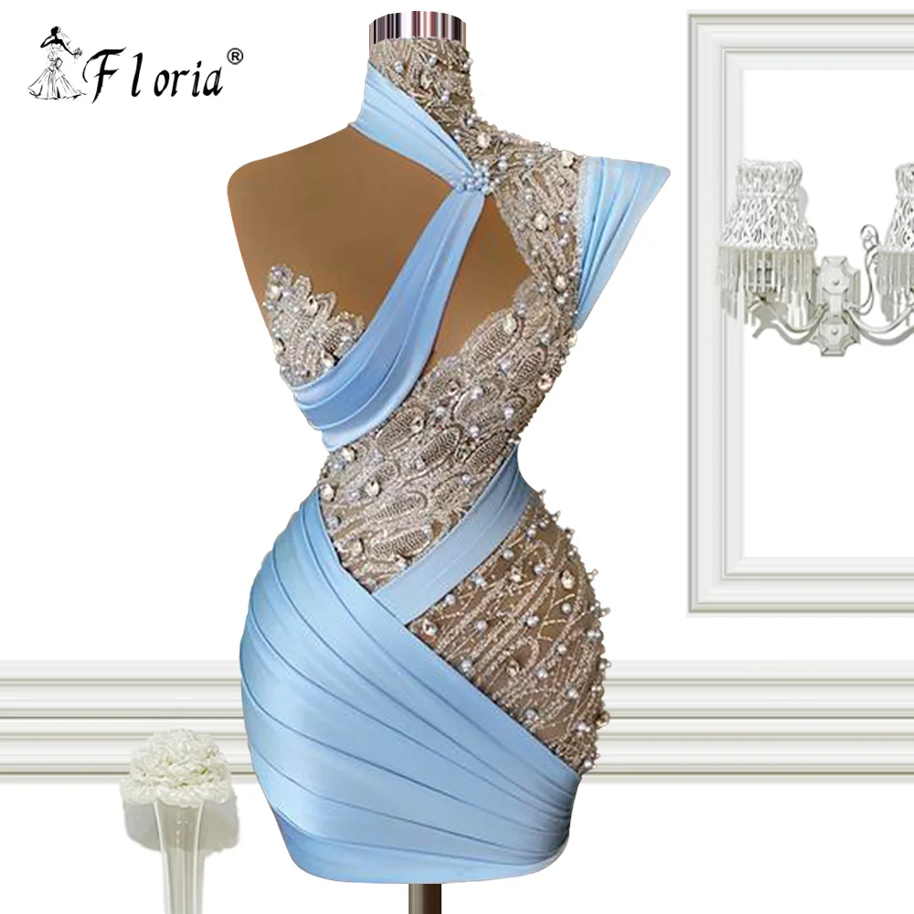 

Женское коктейльное платье с высоким воротом, синее платье мини с блестками и кристаллами, платье на одно плечо, арабское официальное платье, бальное платье, 2022