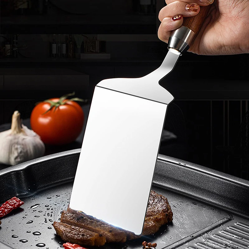 

Stainless Steel BBQ Plate Grill Scraper Pancake Spatula With Wood Handle