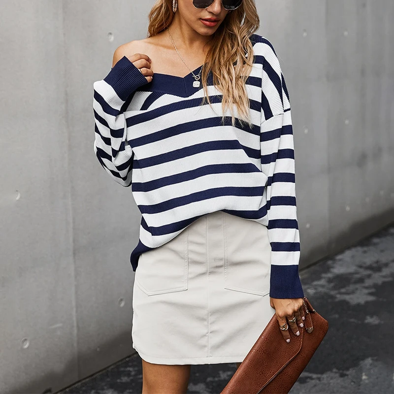 

Casual Striped Knit Sweater Women Long Sleeve V Neck Female Autumn Winter Clothes Pullover And Jumper