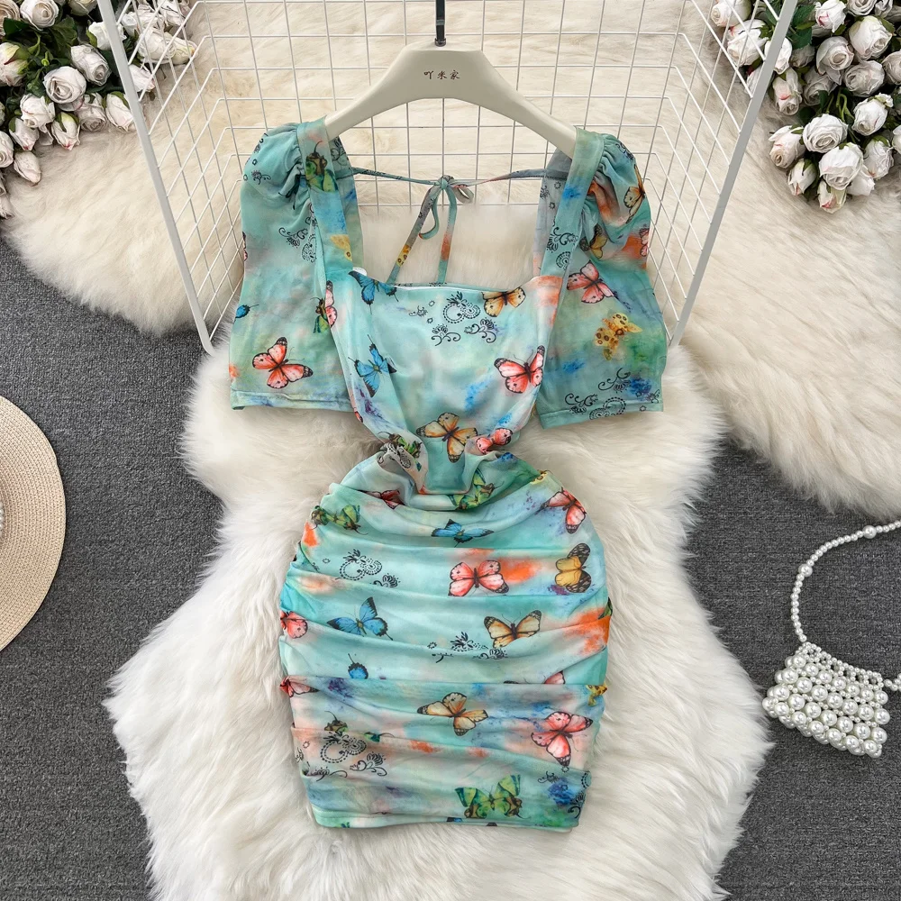 

2023 Summer Fashion Women Print Mini Bodycon Dress Elegant Square Neck Short Sleeve High Waist Pleated Sheath Club Party Outfits