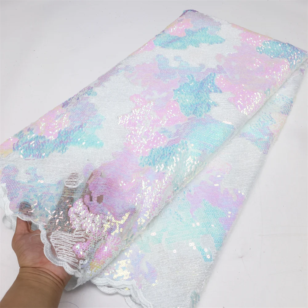 

New French Tulle Lace Fabric 2022 High Quality 5 Yards Wedding Dress Nigerian Sequin Embroidery African Lace Fabric LY1844