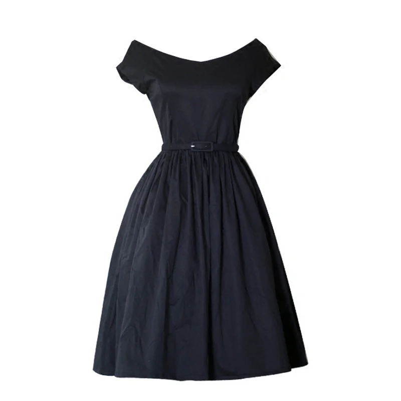 Винтажное платье в стиле Хепберн 50-60-х годов черное с коротким рукавом V-образным