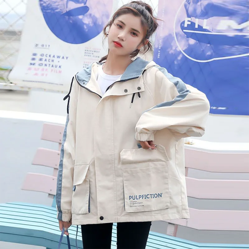 

Heavy Industry Casual Tooling Trench Coat Women's Thin Overcoat Spring Autumn New Loose Hooded Stitching Baseball Uniform Tops