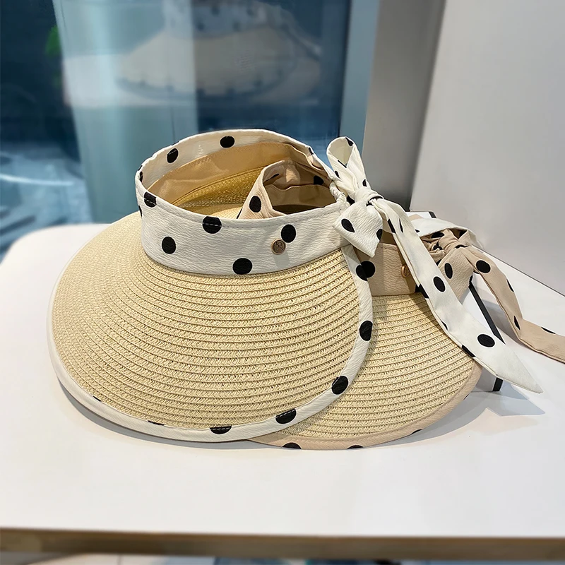 

2022 Spring Summer Dot Knitted Straw Hats Women Beige Khaki Hollow Top Outdoors Beach Travel Foldable Caps Casual 56-58cm