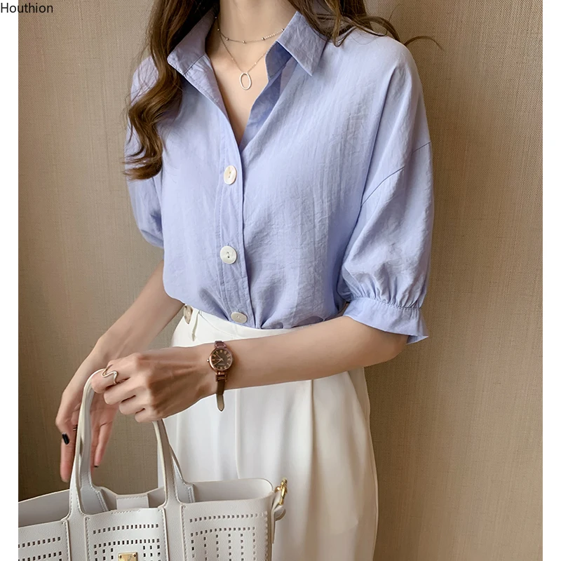 

New Women's Blouse Lapel Chiffon Solid High-end Fashion Top Casual Summer Shirt 2022 Short Sleeve Korean Style Clothing
