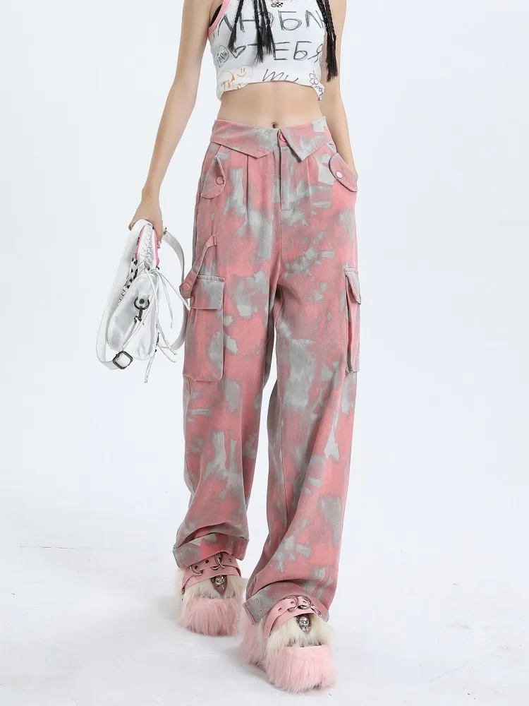 

Брюки-карго GUUZYUVIZ женские с множеством карманов, свободные прямые штаны с широкими штанинами, розовые камуфляжные, в стиле сафари, на лето