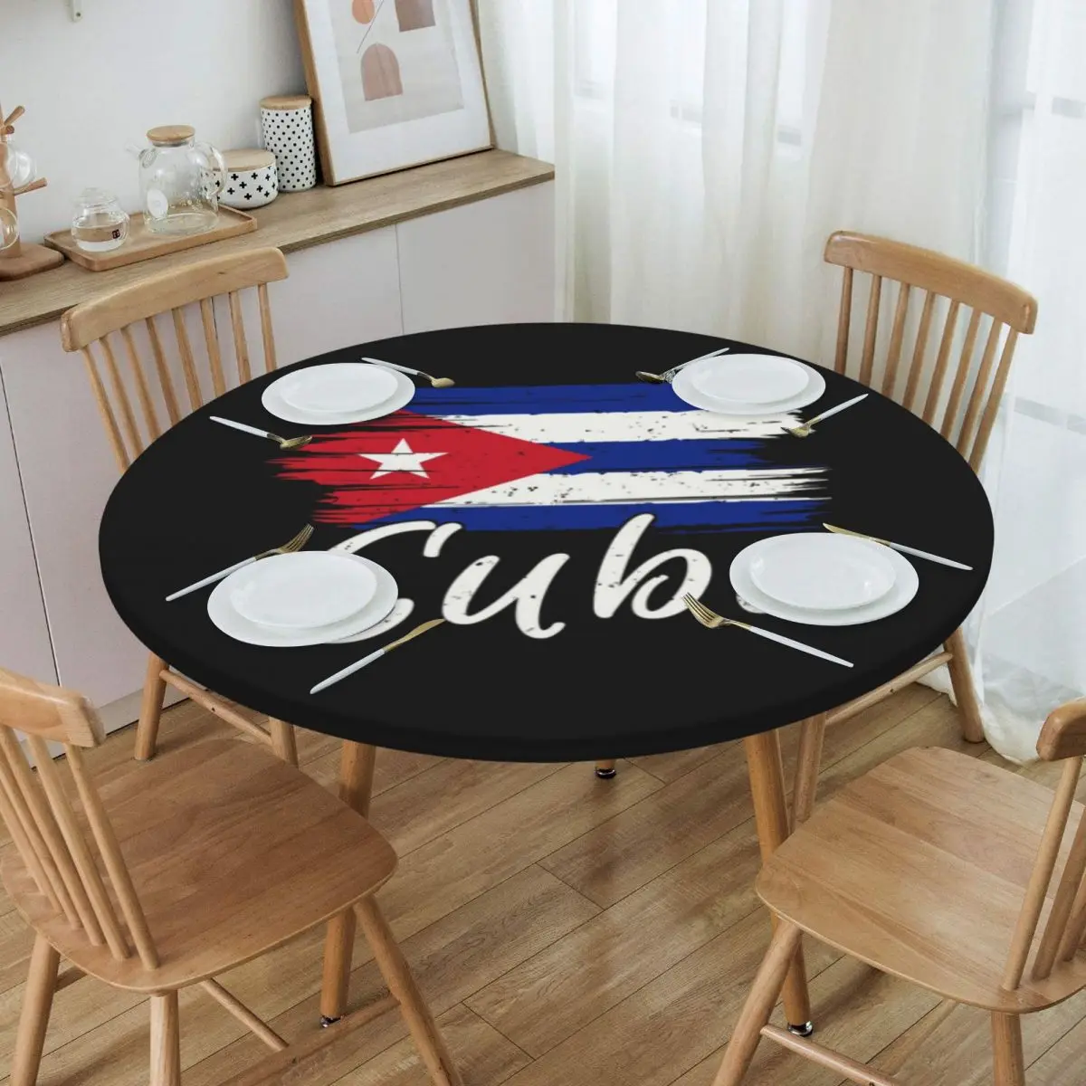

Round Fitted Cuba Cuban Havana Flag Table Cloth Oilproof Tablecloth 40"-44" Table Cover Backed with Elastic Edge