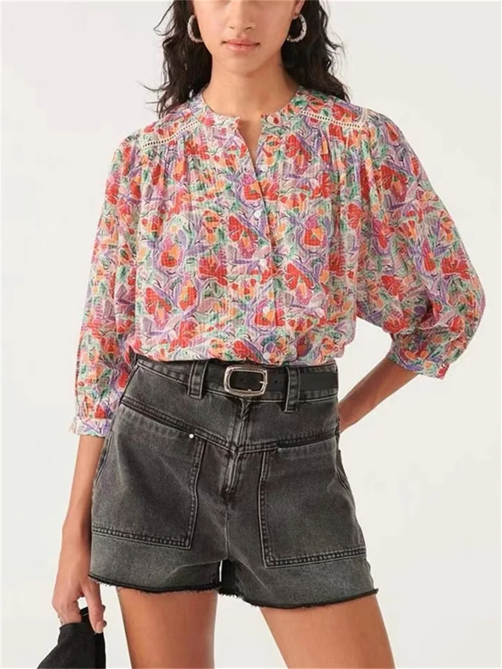 

Women Blouse Print Hollow Out Round Neck Shirt