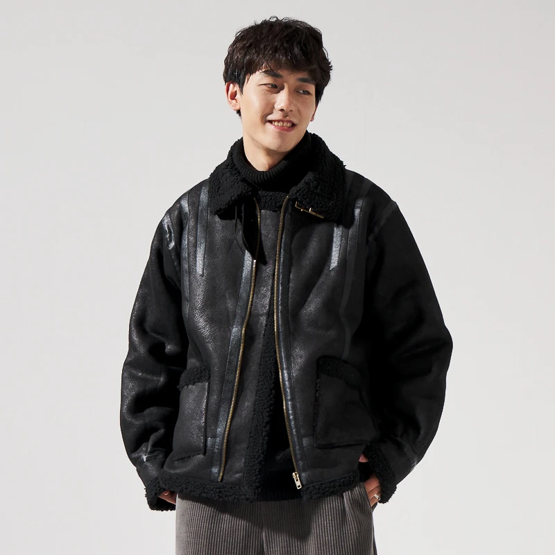 Winter Lamb Wool Coat Men's Fleece-Lined Fur Integrated Jacket Loose Leather Coat Motorcycle Clothing Cotton-Padded Coat Thick