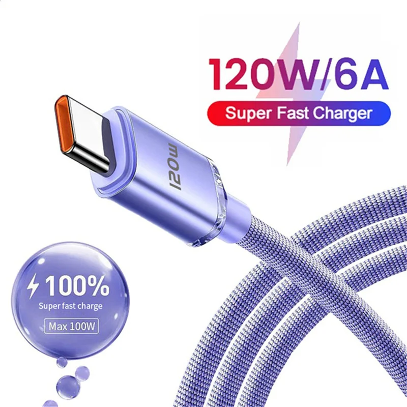 

120w Type C Cable 6A Super Fast Cahrger Cable 0.25M/1M/1.5m/2M Quick Charge USB C Cables C Charger For Samsung Xiaomi Huawei