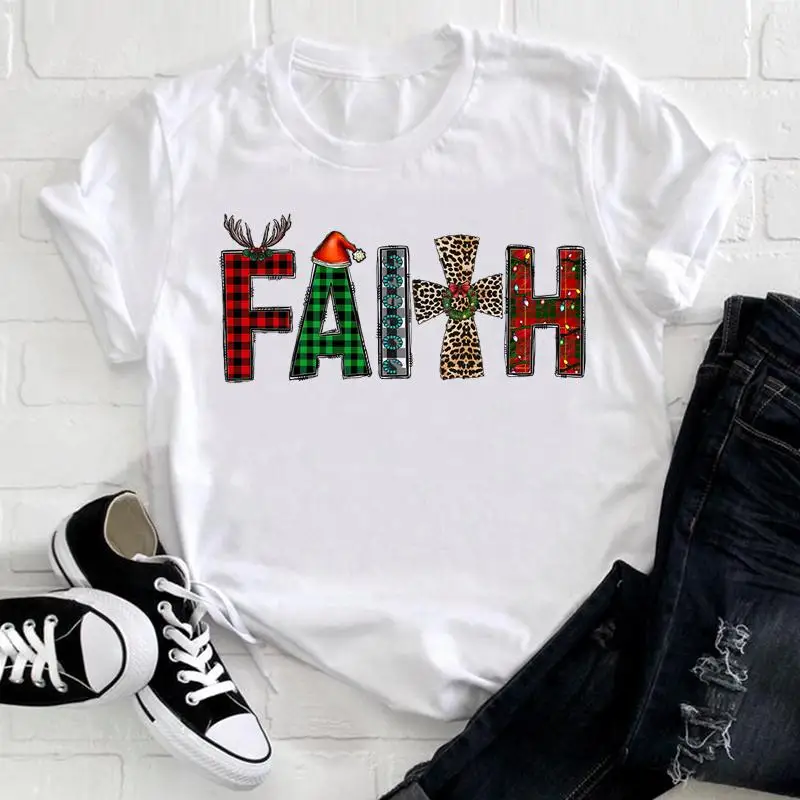 

Women Merry Christmas Letter Leopard Cute T Tee Pretty Holiday New Year Nice Print Tshirt 2022 Top Cartoon Graphic T-shirt