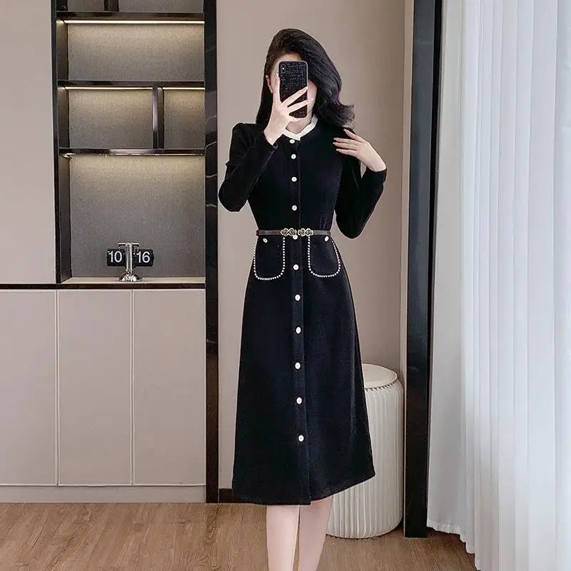 Высокое качество черное базовое платье с круглым вырезом и длинными рукавами