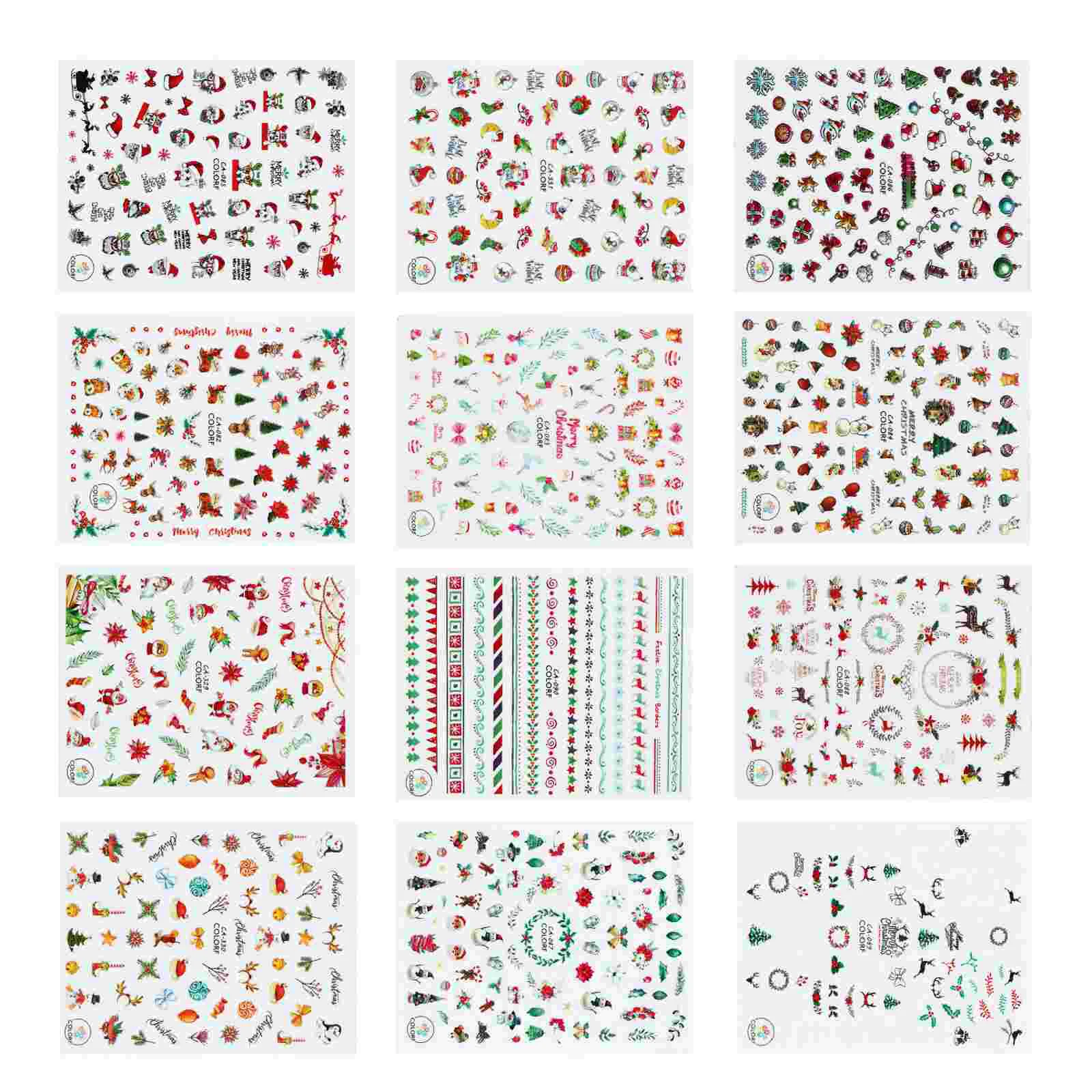 

12 Sheets Christmas Nail Sticker 3D Self- Adhesive Stickers DIY Nail Tips Decals Manicure Nail Salon for Kids ( Assorted Color )