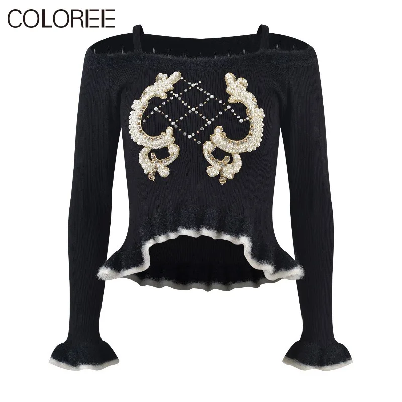 

Женский трикотажный свитер, дизайнерский роскошный свитер с длинными рукавами и бусинами, Осень-зима 2023