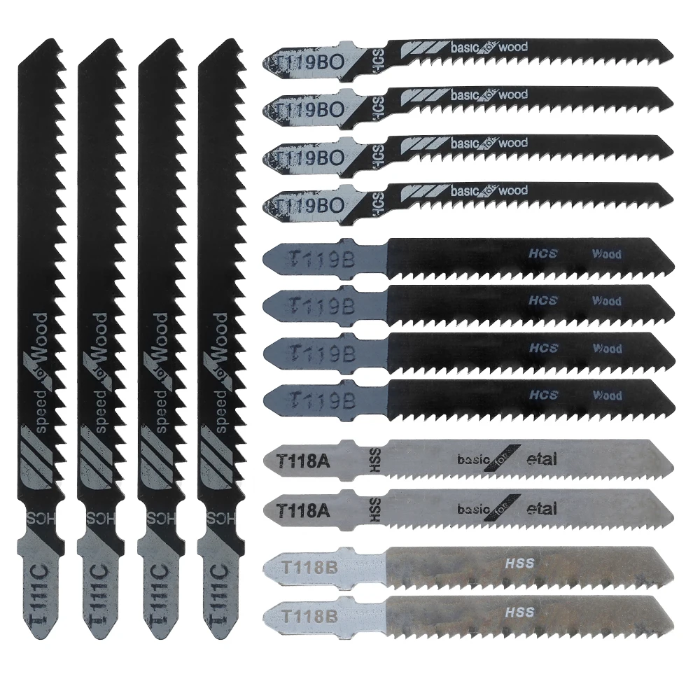 16Pcs T Shank Blades Jigsaw Blade Set Clean Fast Cut Down Wood Metal Cutting Power Tool HCS / HSS With Plastic Box |