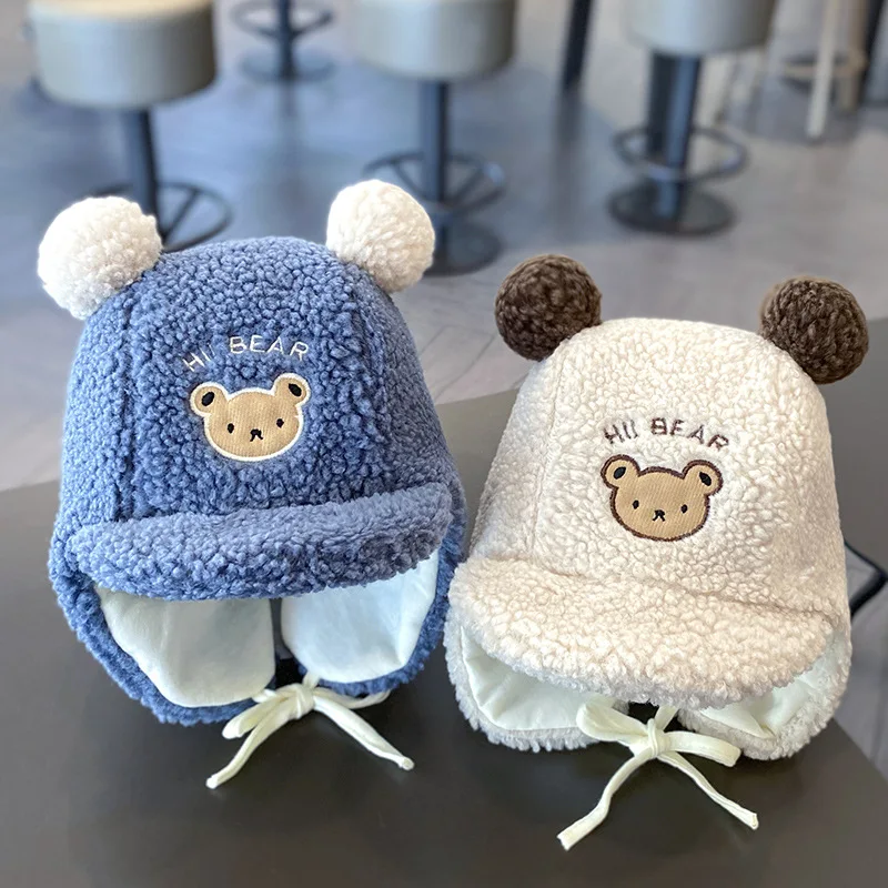 

Cartoon Bear Baby Earflap Hat Winter Lamb Wool Ear Protection Cap for Infant Boy Girl Cute Warm Toddler Beanies Bonnet