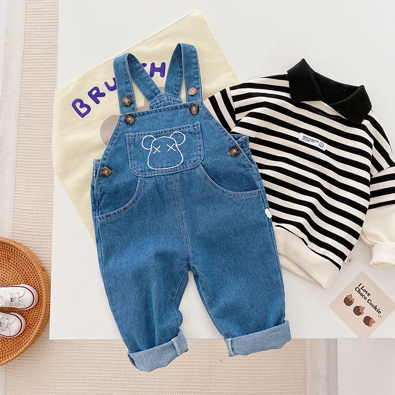 

Kids Autumn Cartoon Embroidery Denim Overalls Long Boys And Girls Patchwork Pockets Loose Bib Clothes