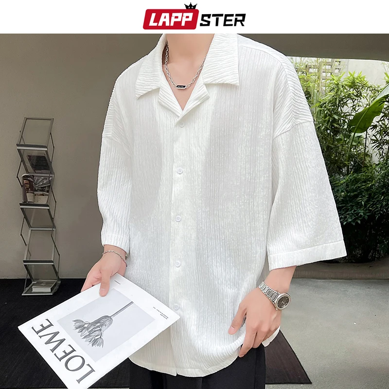 

LAPPSTER Korean Fashiosn Hawaiian Shirts 2023 Summer White Vintage Black Half Sleeve Blouses Japanese Casual Y2k Button Up Shirt