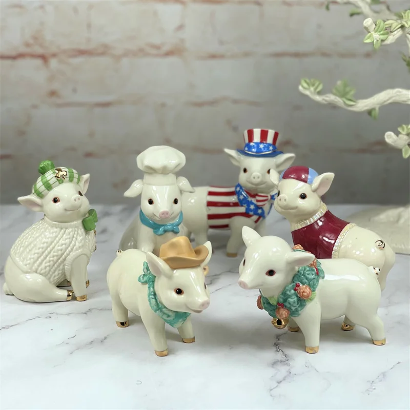 

American Lenox Ceramic Hand-painted Cartoon Piggy Figurines Porcelain Pig Statue Fun Ornaments Home Decorations Christmas Gifts