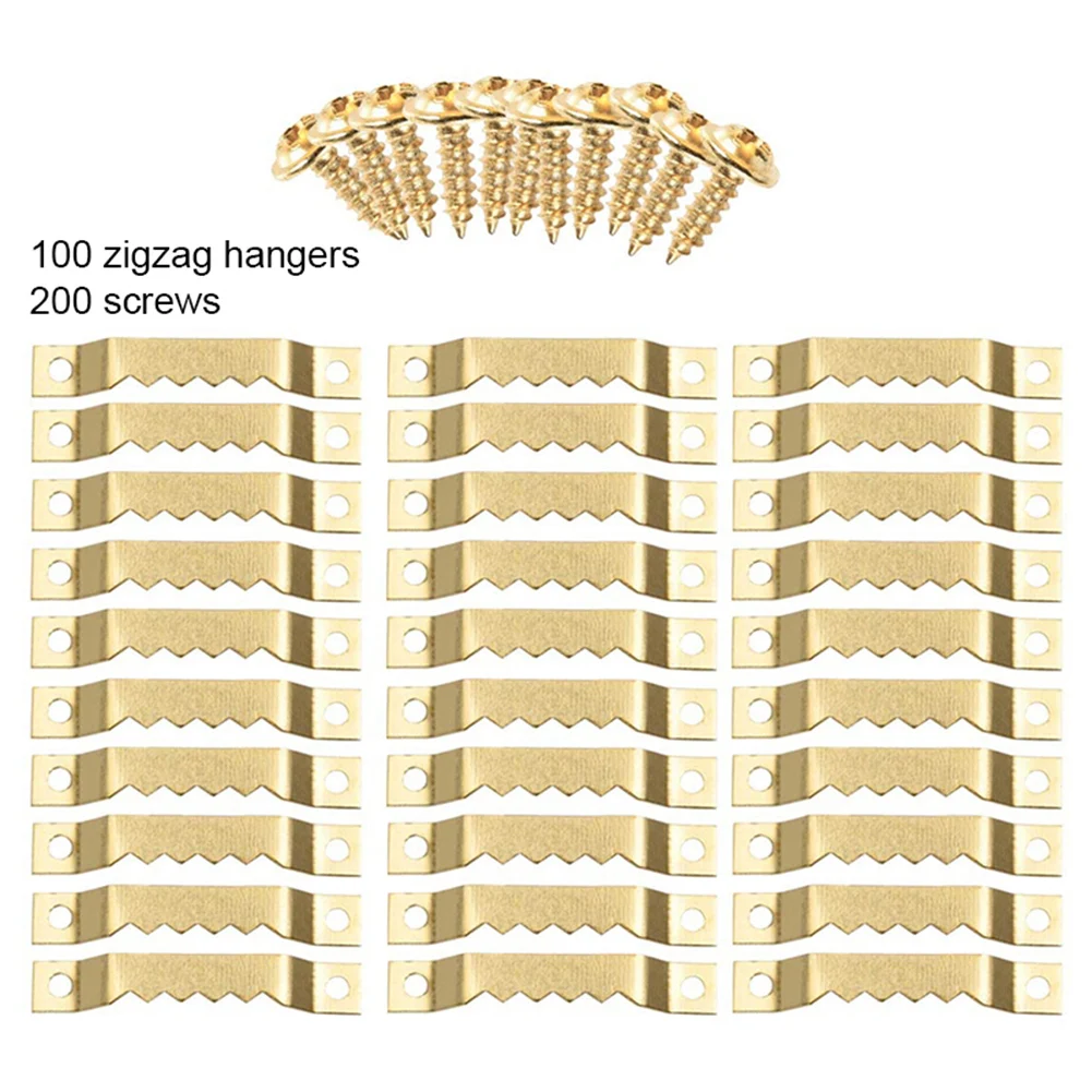 

100 Pcs Sawtooth Hangers Picture Frame Hanging 40mm Hanger Double Hole With 200 Screws Golden