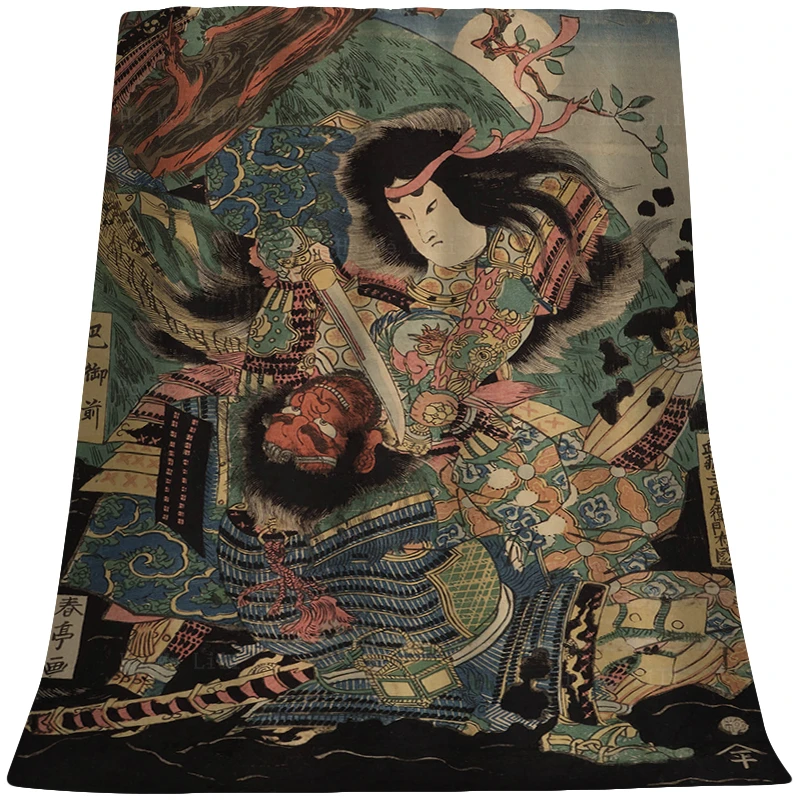 

Miyamoto Musashi Kills A Shark Fish Ukiyoe Tomoe Gozen Japanese Female Samurai Musha-e Flannel Blanket By Ho Me Lili