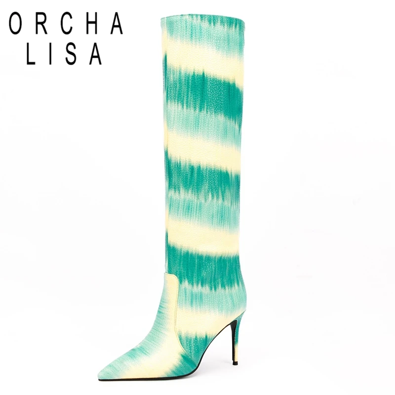 

Женская обувь на высоком каблуке, с острым носком, в радужную полоску