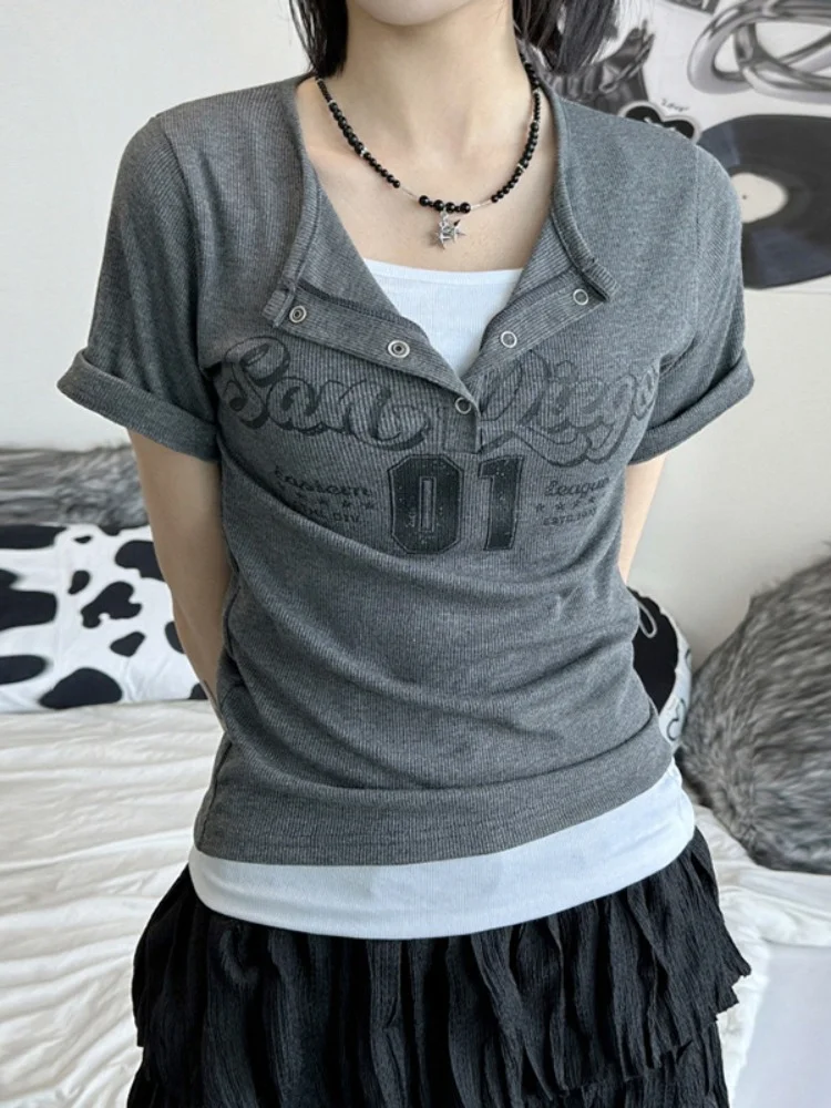 

Tee Shirt Femmes Print Slim Fit Half Open Collar Graphic T Shirts Fake Two Piece Korean Streetwear Y2k 2023 Summer Tops Fashion