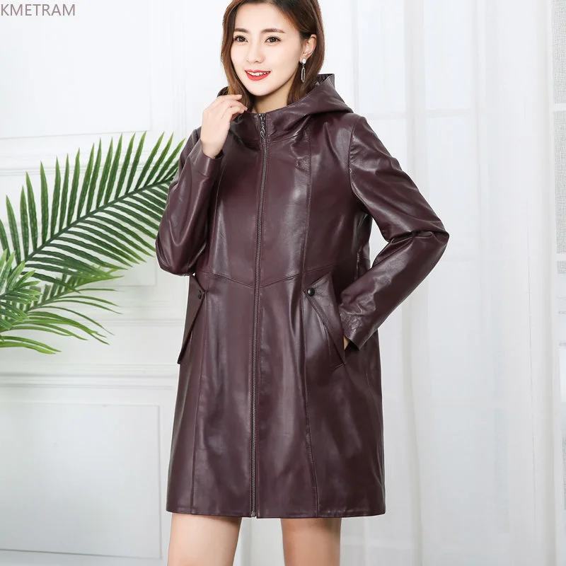 

Женский свободный тренчкот средней длины, куртка из натуральной овечьей кожи с капюшоном, верхняя одежда, размер 8xl, 100%